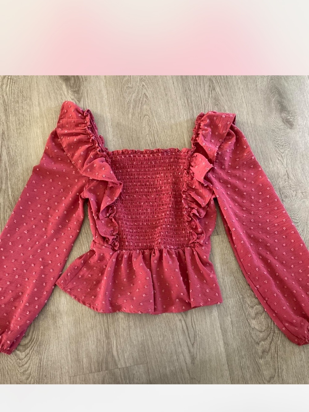 Altar'd State Rose Red Smocked Ruffle Peplum Blouse